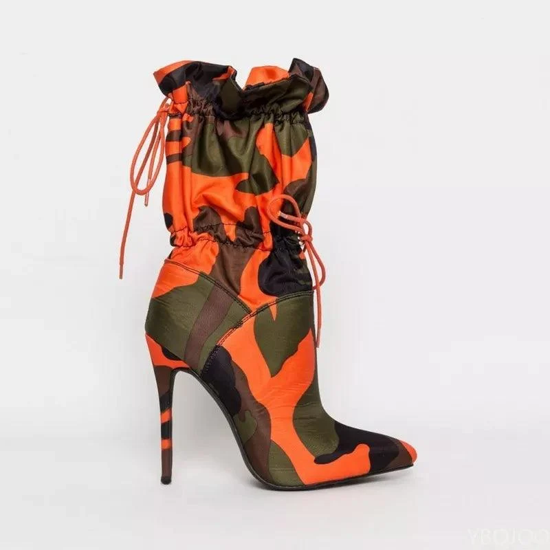 Pointed Toe Camouflage Print Stiletto Lace Up Women's Ankle Boots - Glova