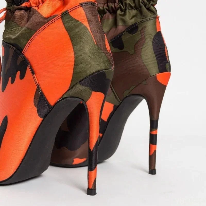 Pointed Toe Camouflage Print Stiletto Lace Up Women's Ankle Boots - Glova