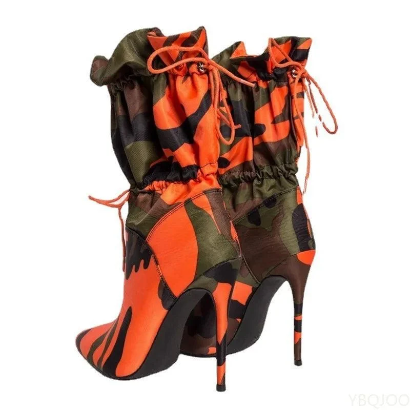 Pointed Toe Camouflage Print Stiletto Lace Up Women's Ankle Boots - Glova