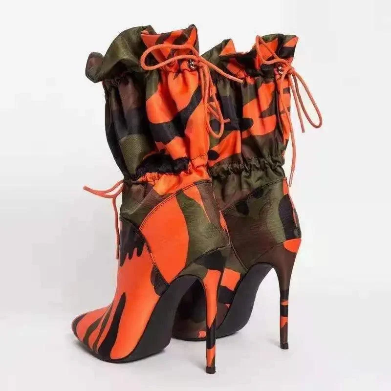 Pointed Toe Camouflage Print Stiletto Lace Up Women's Ankle Boots - Glova