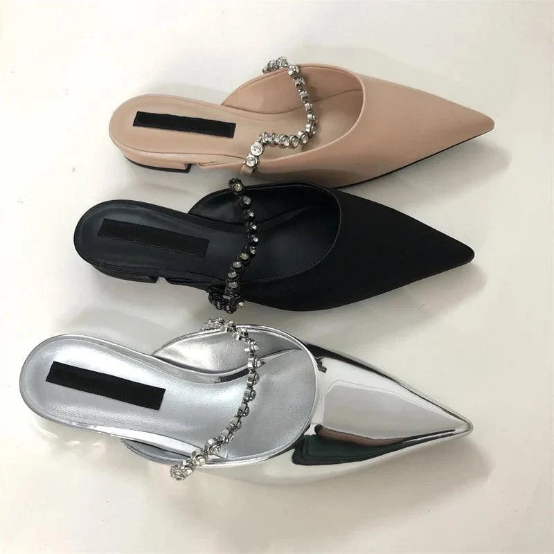 Pointed Toe Crystal Band Low Heel Mules Shoes - Glova