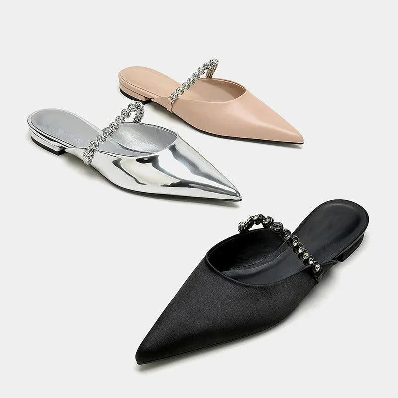 Pointed Toe Crystal Band Low Heel Mules Shoes - Glova