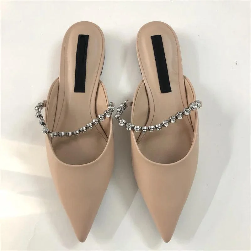 Pointed Toe Crystal Band Low Heel Mules Shoes - Glova