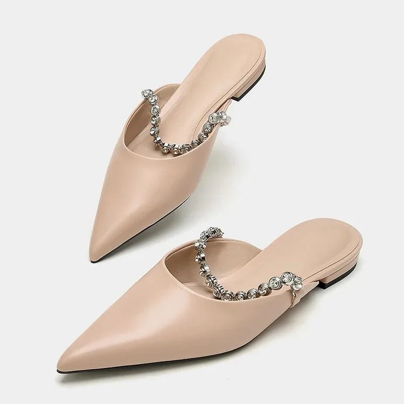 Pointed Toe Crystal Band Low Heel Mules Shoes - Glova