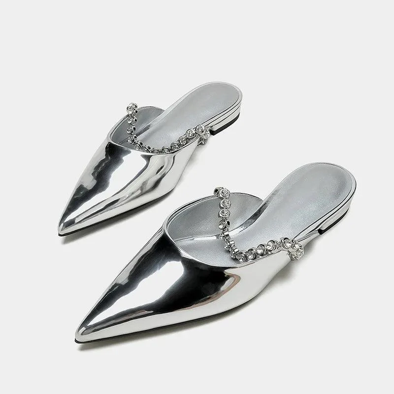 Pointed Toe Crystal Band Low Heel Mules Shoes - Glova