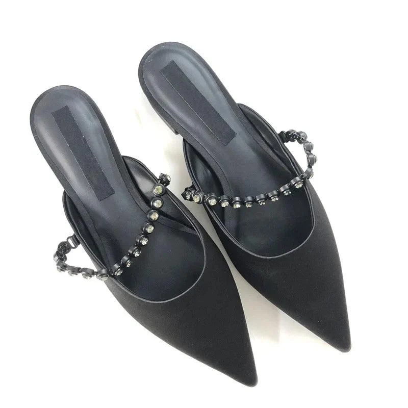 Pointed Toe Crystal Band Low Heel Mules Shoes - Glova