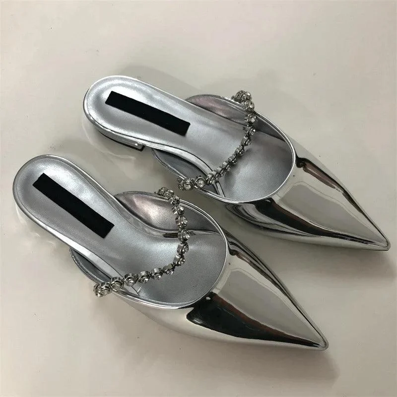 Pointed Toe Crystal Band Low Heel Mules Shoes - Glova