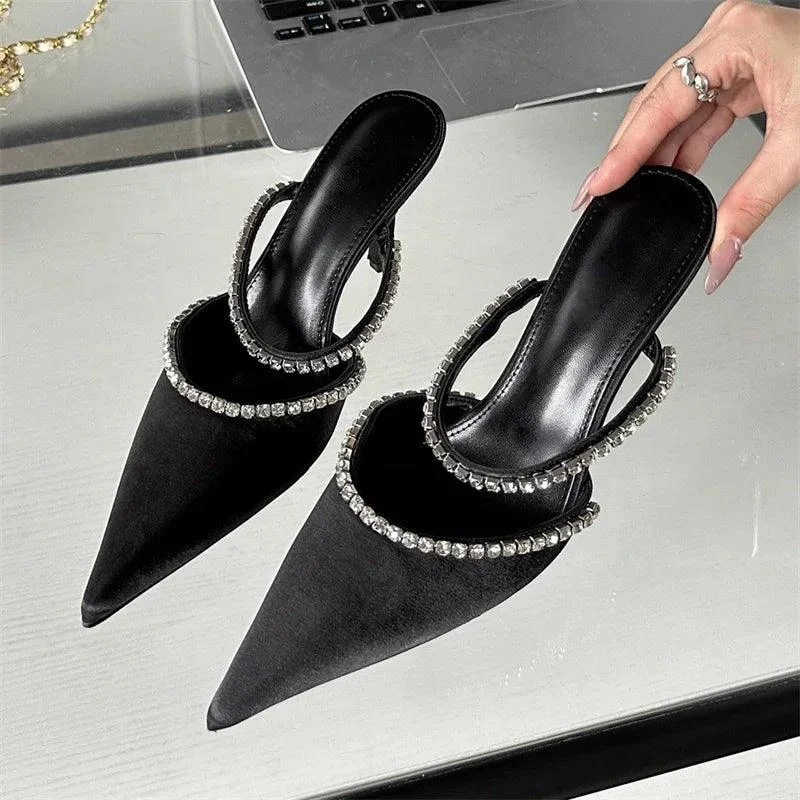 Pointed Toe Crystal Thin Heels Mules Pumps Shoes - Glova