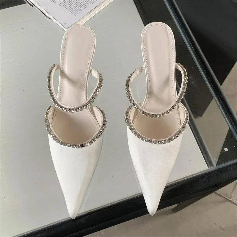 Pointed Toe Crystal Thin Heels Mules Pumps Shoes - Glova