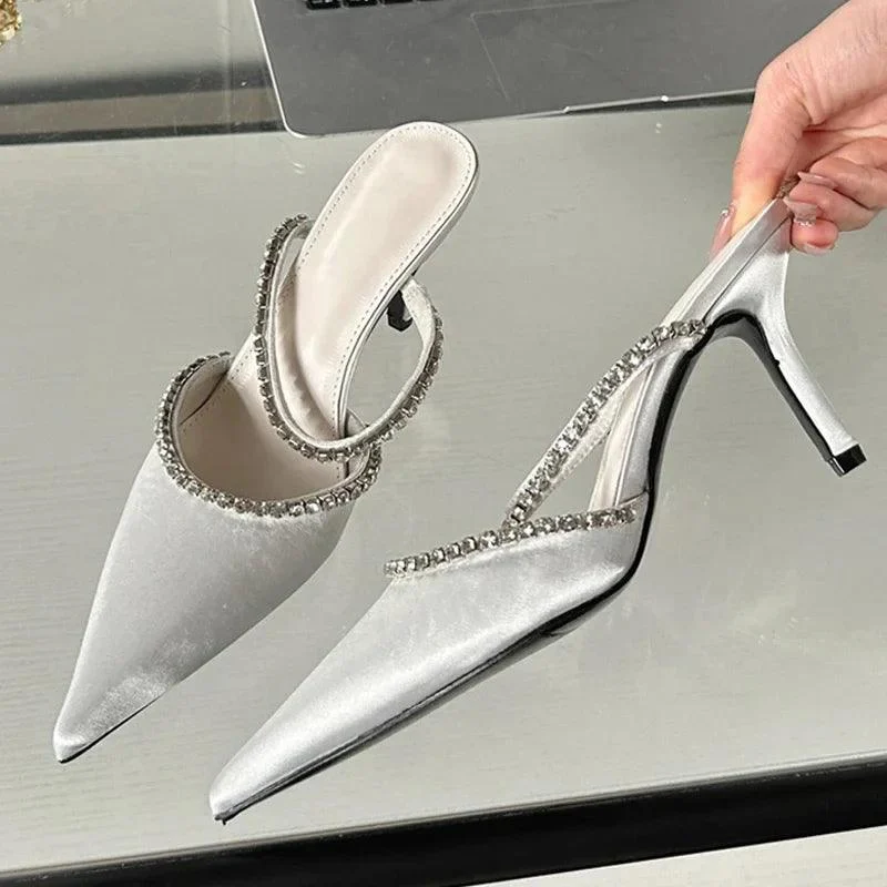 Pointed Toe Crystal Thin Heels Mules Pumps Shoes - Glova