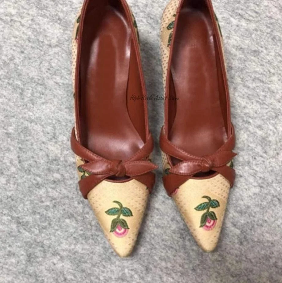 Pointed Toe Embroidered Bow Pumps Handmade PU Leather Shoes - Glova