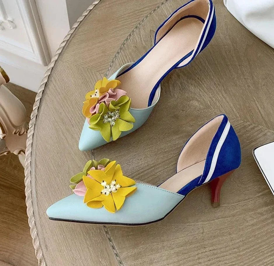 Pointed Toe Flowers Stilettos Lady Mid Heel Shoes - Glova