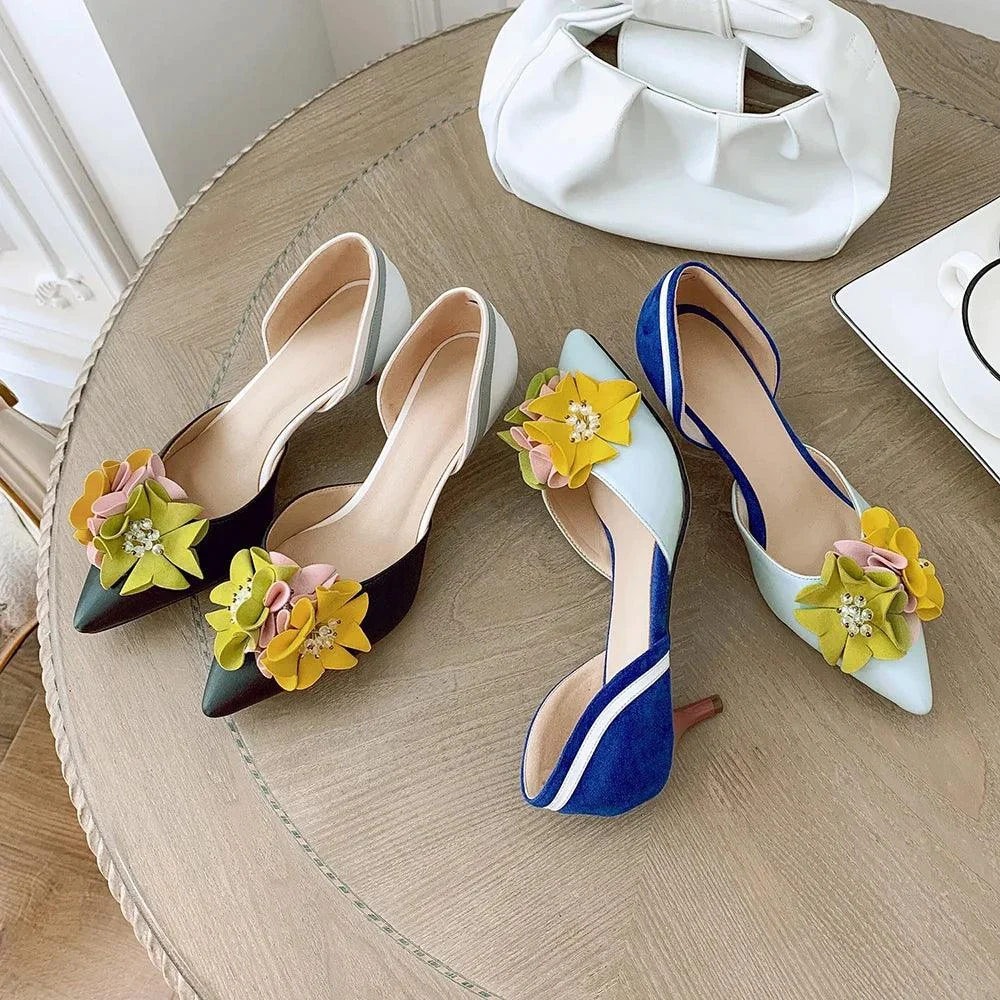 Pointed Toe Flowers Stilettos Lady Mid Heel Shoes - Glova