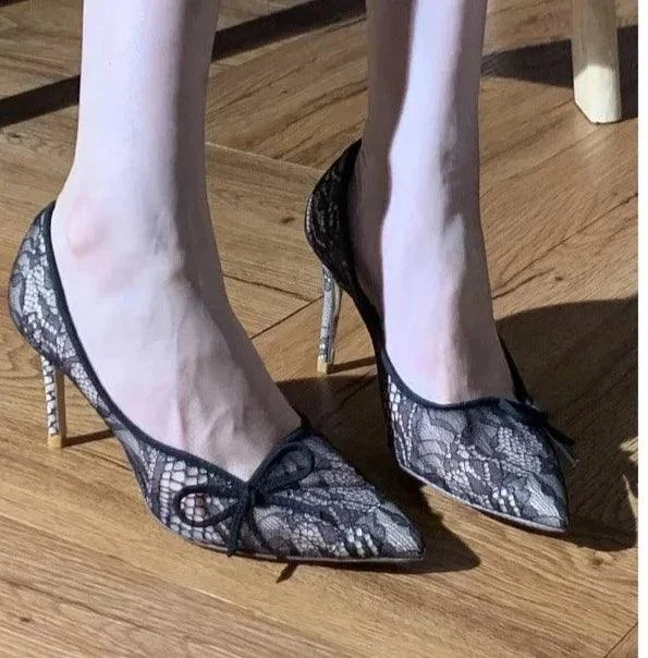 Pointed Toe Lace Bow Mesh Flat-heeled Women's Pump Shoes - Glova