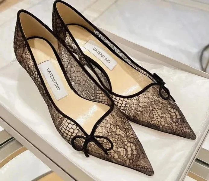 Pointed Toe Lace Bow Mesh Flat-heeled Women's Pump Shoes - Glova