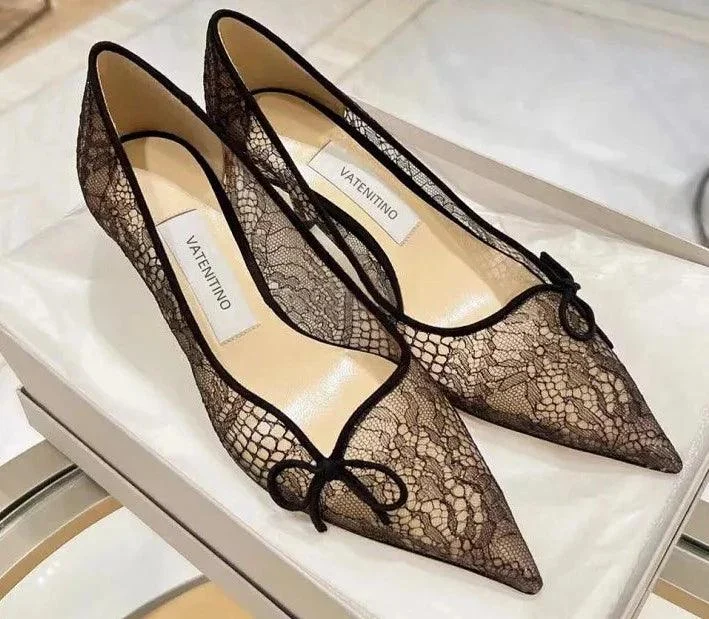 Pointed Toe Lace Bow Mesh Flat-heeled Women's Pump Shoes - Glova