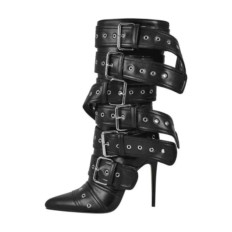 Pointed Toe Mid-Calf Boots Buckle Strap Stiletto Boots - Glova