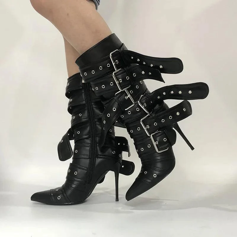 Pointed Toe Mid-Calf Boots Buckle Strap Stiletto Boots - Glova