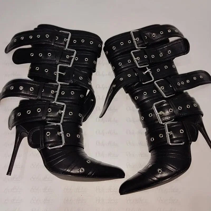 Pointed Toe Mid-Calf Boots Buckle Strap Stiletto Boots - Glova