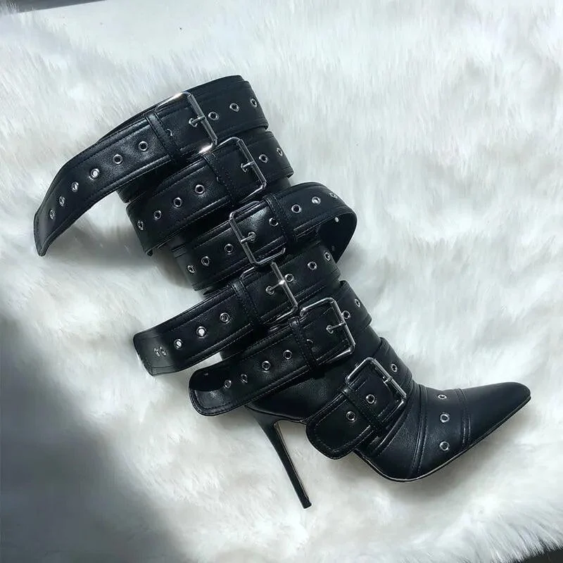 Pointed Toe Mid-Calf Boots Buckle Strap Stiletto Boots - Glova