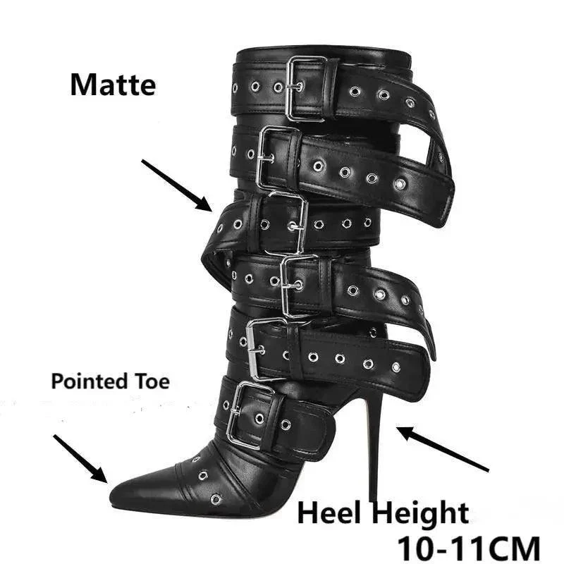 Pointed Toe Mid-Calf Boots Buckle Strap Stiletto Boots - Glova