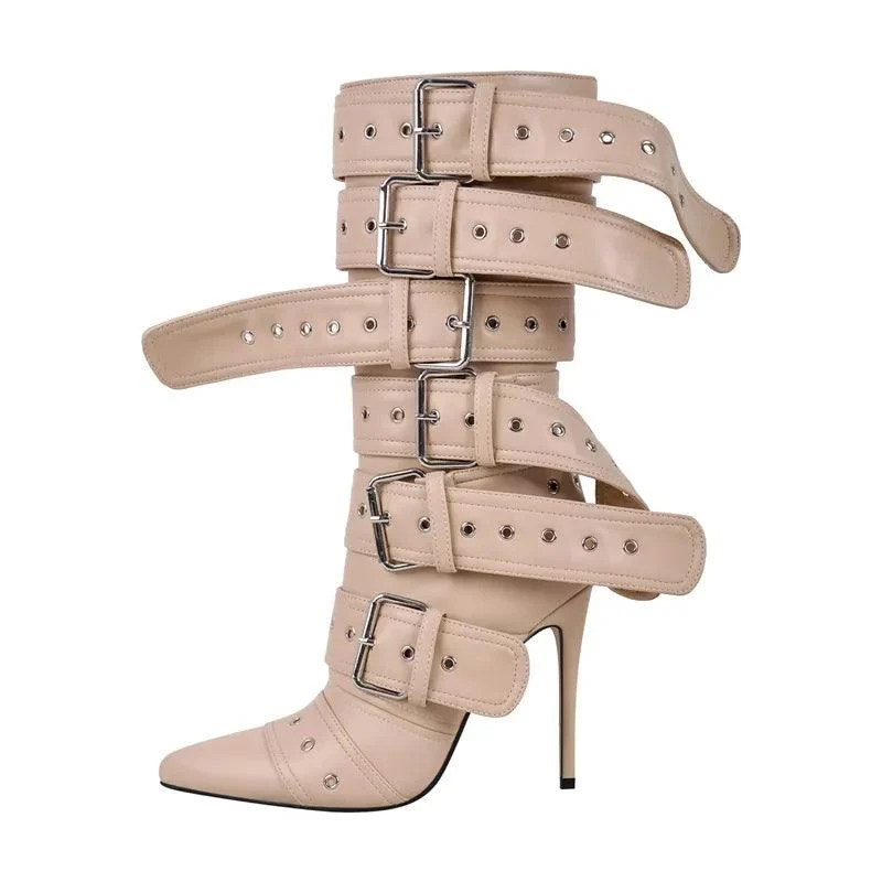 Pointed Toe Mid-Calf Boots Buckle Strap Stiletto Boots - Glova