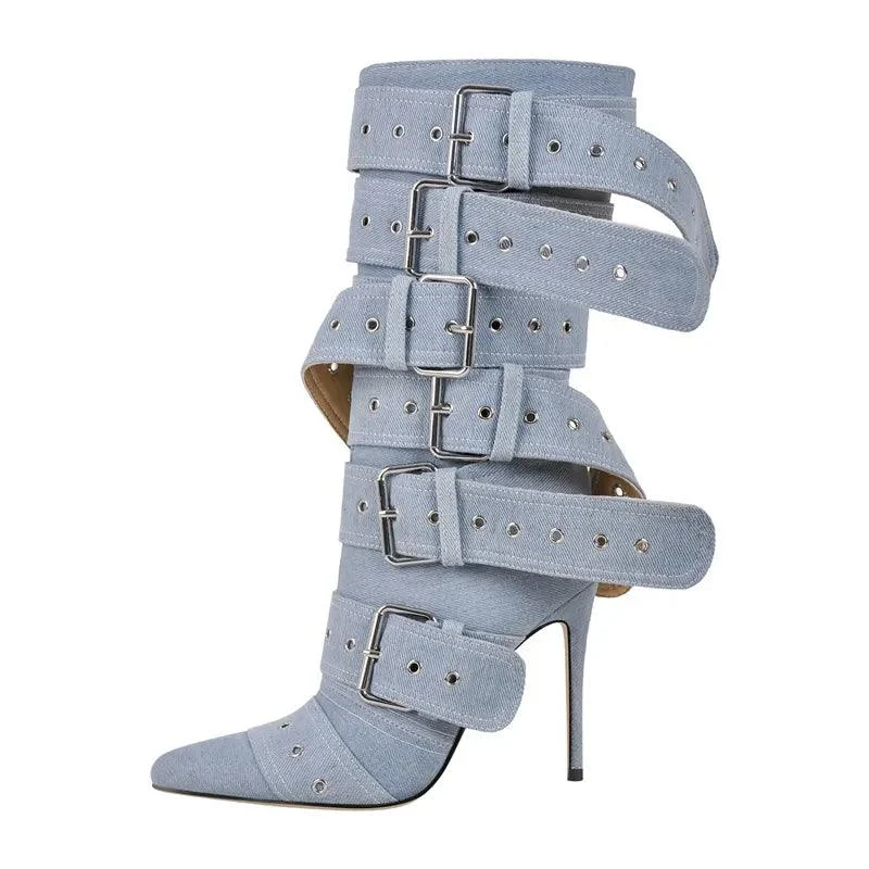 Pointed Toe Mid-Calf Boots Buckle Strap Stiletto Boots - Glova