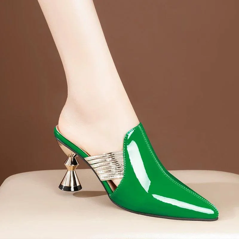 Pointed Toe Mules Shoes Women Metal Heel Pump Sandals - Glova