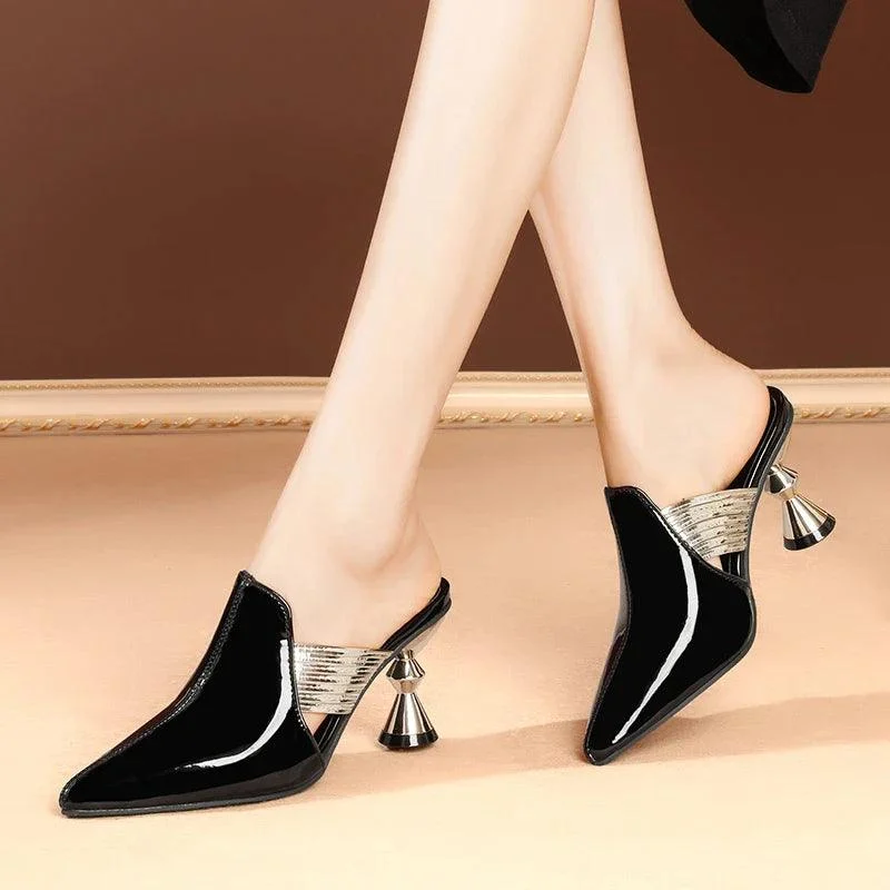 Pointed Toe Mules Shoes Women Metal Heel Pump Sandals - Glova