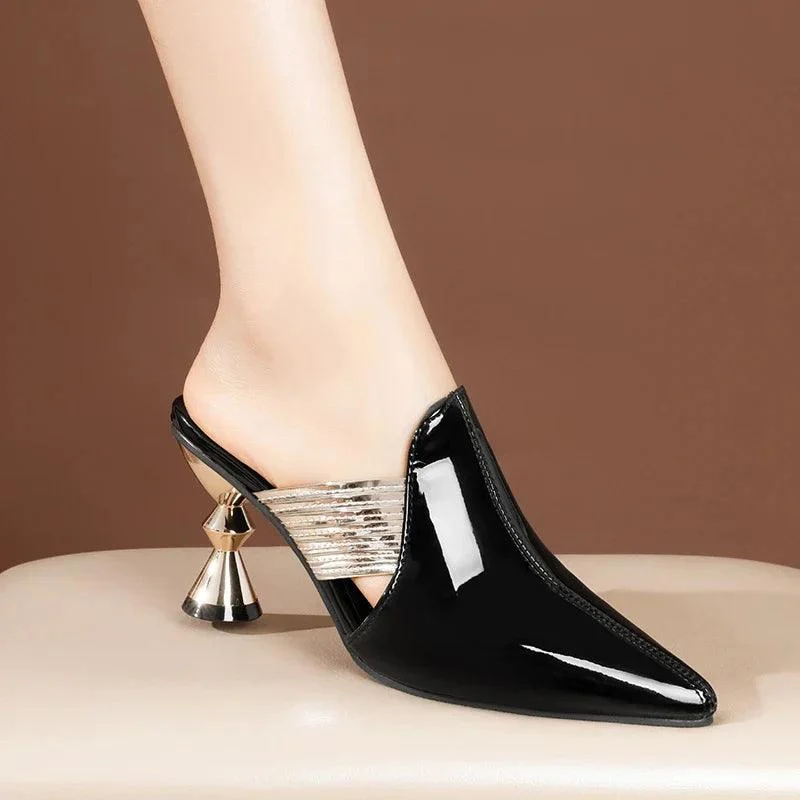 Pointed Toe Mules Shoes Women Metal Heel Pump Sandals - Glova