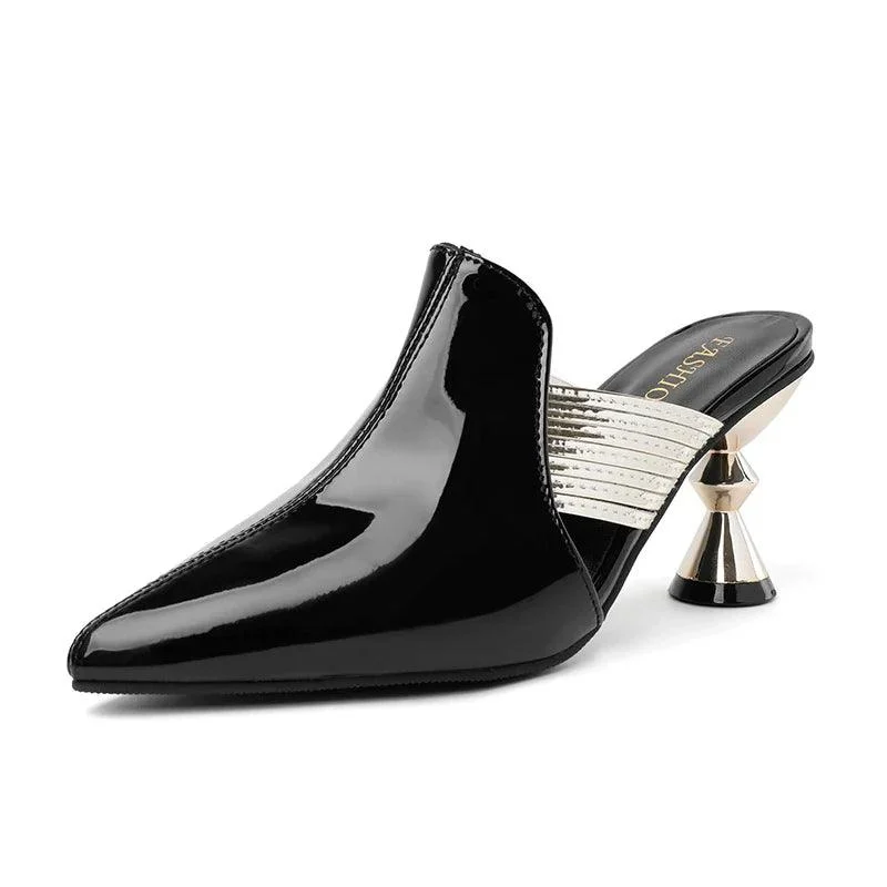 Pointed Toe Mules Shoes Women Metal Heel Pump Sandals - Glova