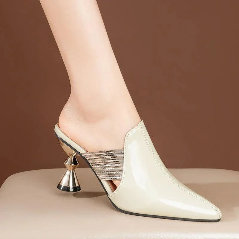 Pointed Toe Mules Shoes Women Metal Heel Pump Sandals - Glova