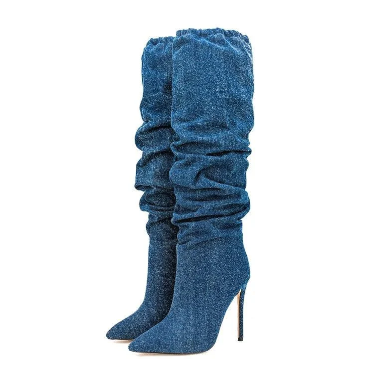 Pointed Toe Pleated Knee High Boots Slip On Top Stretch Long Booties - Glova