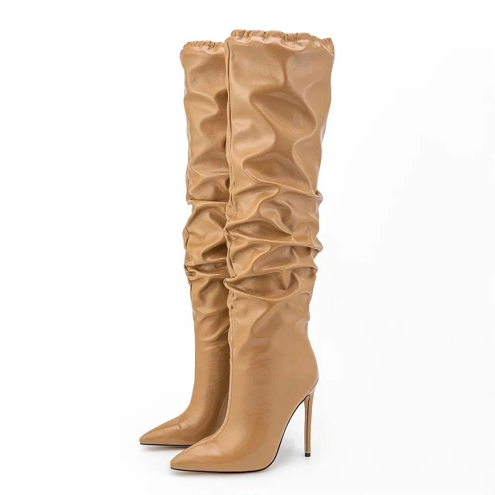 Pointed Toe Pleated Knee High Boots Slip On Top Stretch Long Booties - Glova