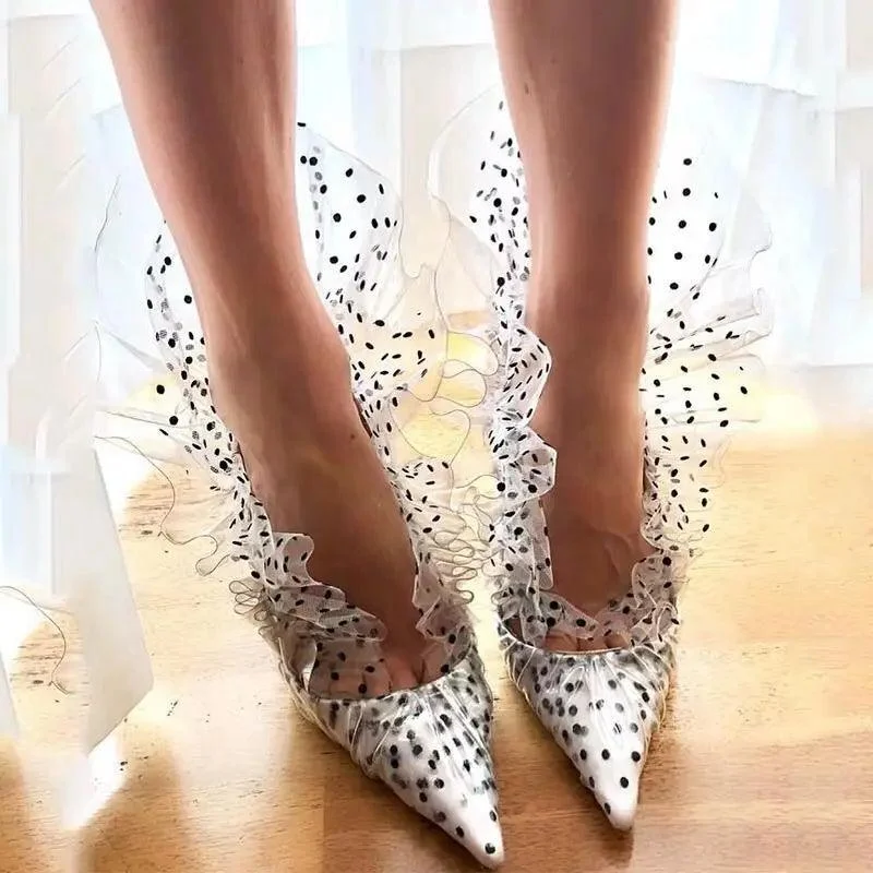 Pointed Toe PVC Polka Dots Sequin Flower Lace Ruched Shoes - Glova