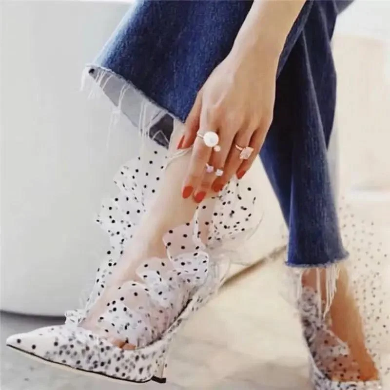 Pointed Toe PVC Polka Dots Sequin Flower Lace Ruched Shoes - Glova