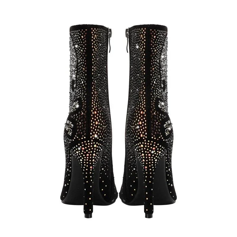 Pointed Toe Rhinestone Super High Heels Women's Short Boots - Glova