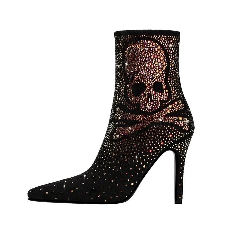 Pointed Toe Rhinestone Super High Heels Women's Short Boots - Glova