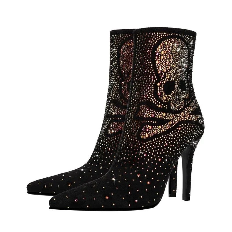 Pointed Toe Rhinestone Super High Heels Women's Short Boots - Glova