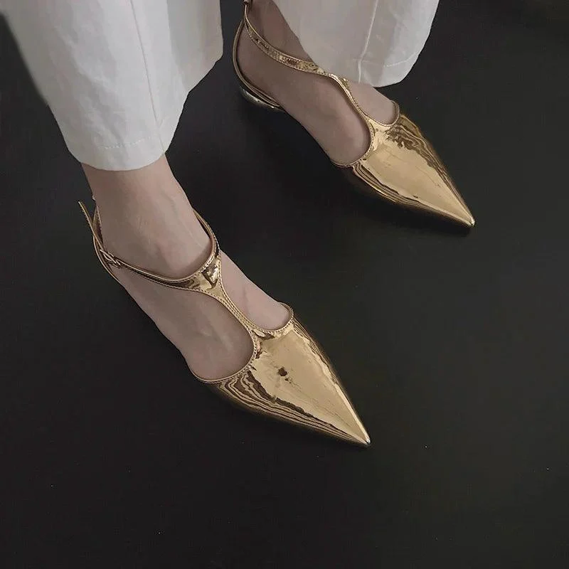 Pointed Toe T Belt Buckle Flat Pumps Shoes - Glova