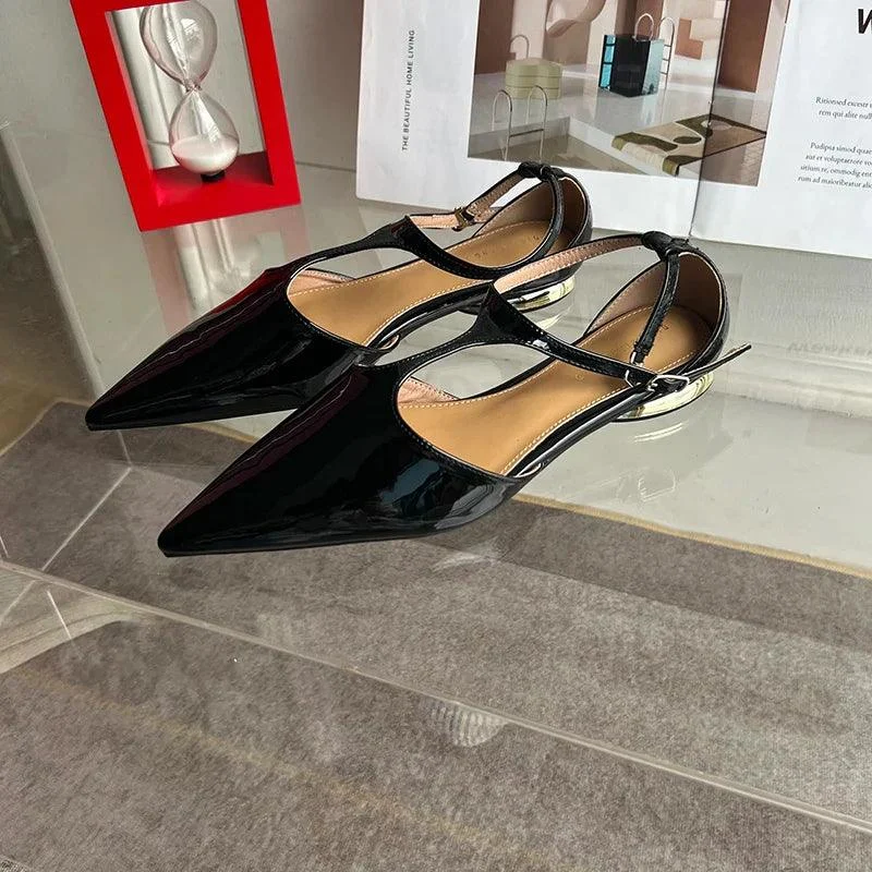 Pointed Toe T Belt Buckle Flat Pumps Shoes - Glova