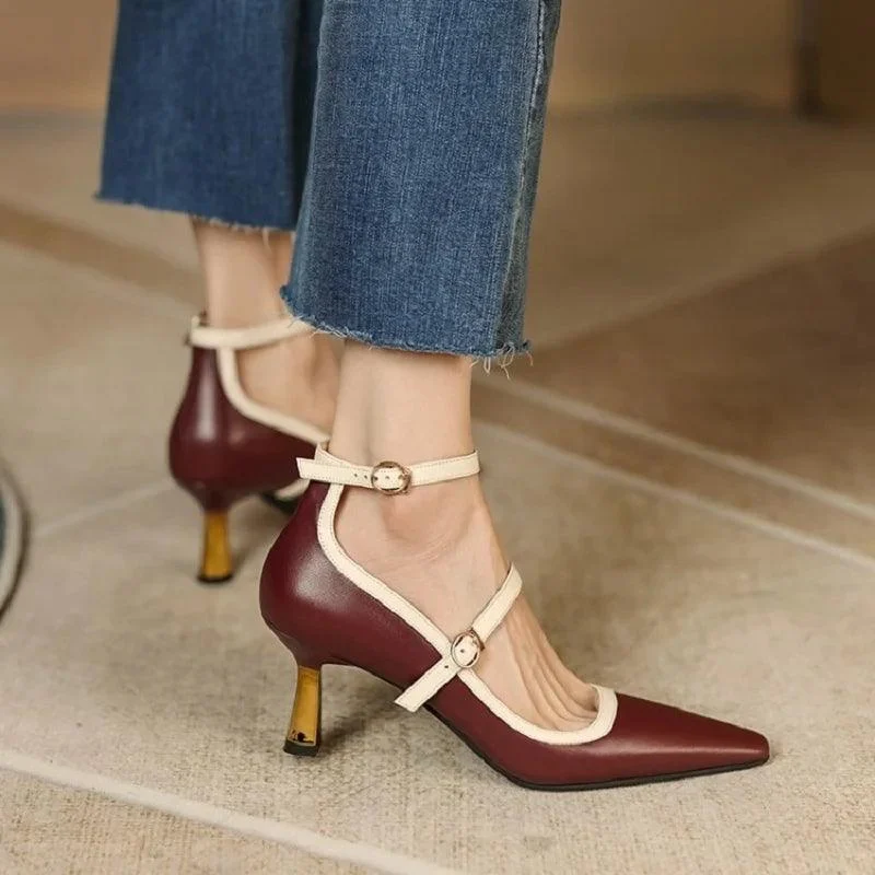 Pointed Toe Thin Heel Pump Leather Mary Janes Shoes - Glova