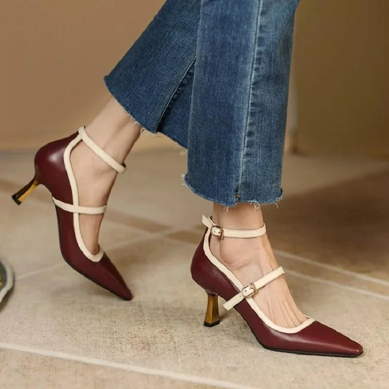 Pointed Toe Thin Heel Pump Leather Mary Janes Shoes - Glova