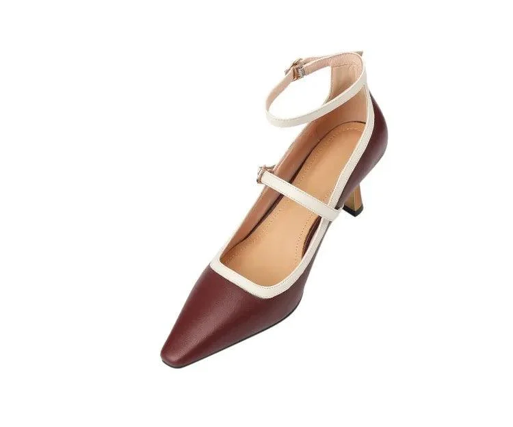 Pointed Toe Thin Heel Pump Leather Mary Janes Shoes - Glova