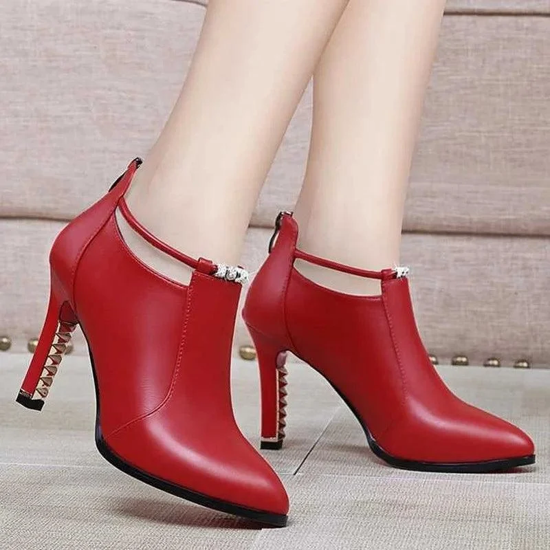 Pointed Toe Thin Heels Zip Pu Leather Ankle Boots - Glova