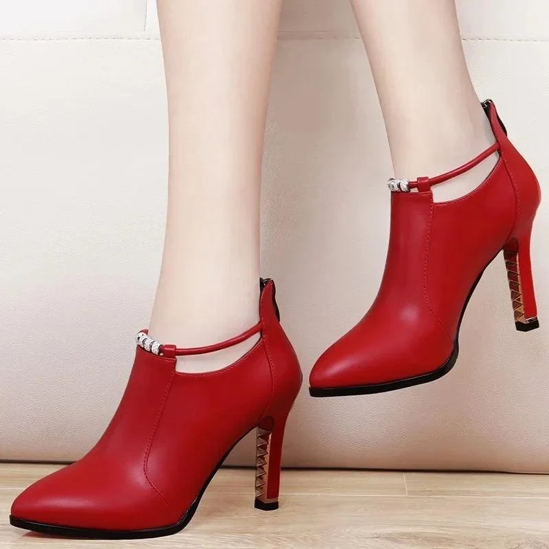 Pointed Toe Thin Heels Zip Pu Leather Ankle Boots - Glova