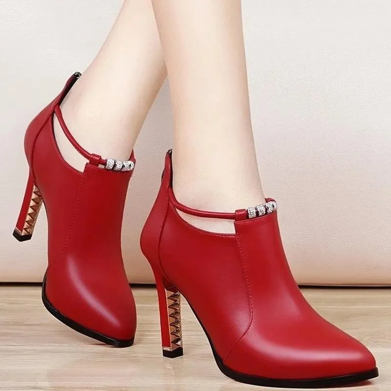 Pointed Toe Thin Heels Zip Pu Leather Ankle Boots - Glova