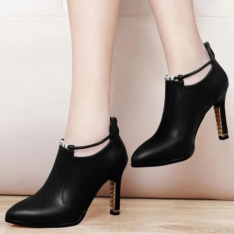 Pointed Toe Thin Heels Zip Pu Leather Ankle Boots - Glova