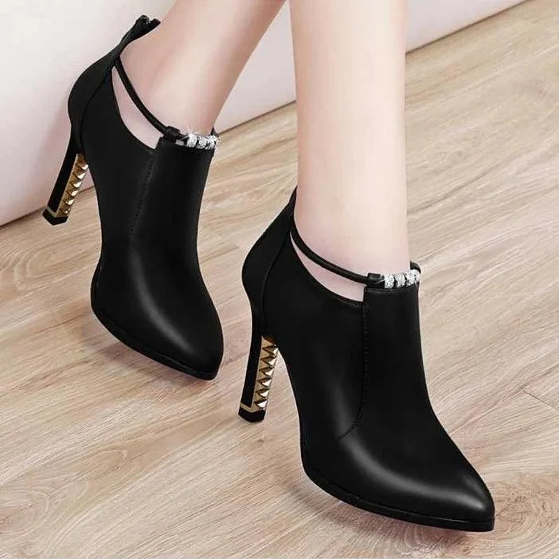 Pointed Toe Thin Heels Zip Pu Leather Ankle Boots - Glova