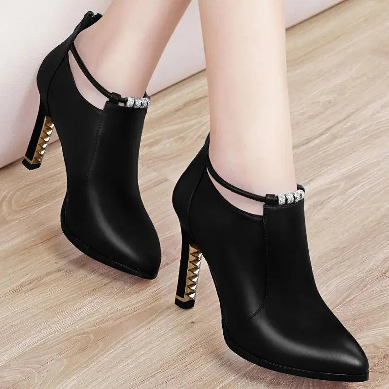 Pointed Toe Thin Heels Zip Pu Leather Ankle Boots - Glova